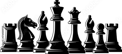 Chess silhouette. This image shows a design of chess pieces in silhouette form, including rooks, knights, bishops, queens, and kings. Vector clipart illustration design. 