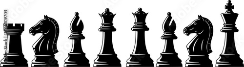 Chess silhouette. This image shows a design of chess pieces in silhouette form, including rooks, knights, bishops, queens, and kings. Vector clipart illustration design. 