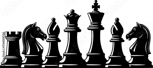 Chess silhouette. This image shows a design of chess pieces in silhouette form, including rooks, knights, bishops, queens, and kings. Vector clipart illustration design. 