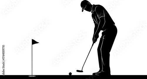 Golfer putting silhouette. This image shows a golfer in a putting stance, depicted as a black silhouette, focusing on the action of putting the golf ball. Vector clipart illustration design.