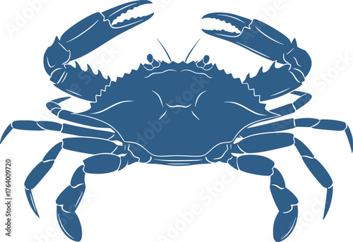 Blue Crab Silhouette. This image shows a black silhouette of a blue crab, also referred to as a crab outline or crustacean shape. Vector clipart illustration design.
