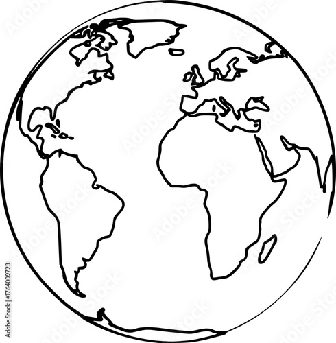 Earth drawing. It is a black and white outline image of the Earth, a simple globe showing continents, representing our planet. Vector sketch line art draw.