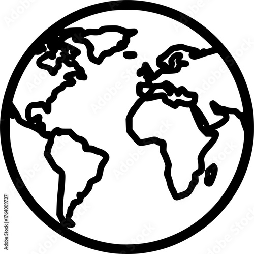 Earth drawing. It is a black and white outline image of the Earth, a simple globe showing continents, representing our planet. Vector sketch line art draw.
