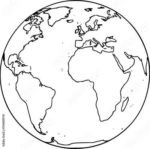 Earth drawing. It is a black and white outline image of the Earth, a simple globe showing continents, representing our planet. Vector sketch line art draw.