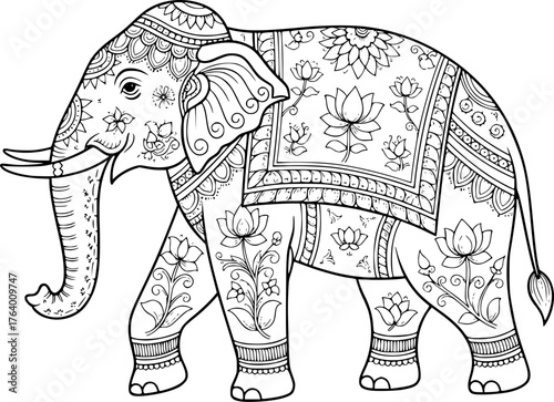 Pichwai elephant drawing. A black and white outline image of an elephant adorned with intricate traditional Pichwai art patterns, reflecting Indian cultural heritage. Vector sketch line art draw.