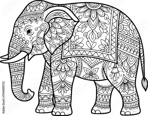 Pichwai elephant drawing. A black and white outline image of an elephant adorned with intricate traditional Pichwai art patterns, reflecting Indian cultural heritage. Vector sketch line art draw.