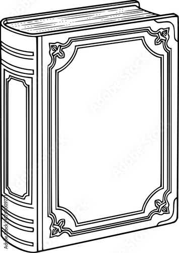 Book cover drawing. It is a black and white outline image of a closed book with a decorative framed cover, depicting a classic novel or textbook. Vector sketch line art draw.
