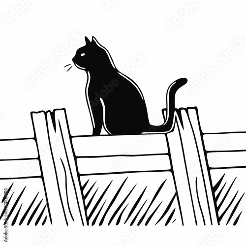 Black cat sitting on a wooden fence in a simple line drawing  