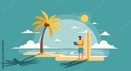 Business person working on laptop on the beach near surfboard and palm tree on a sunny day