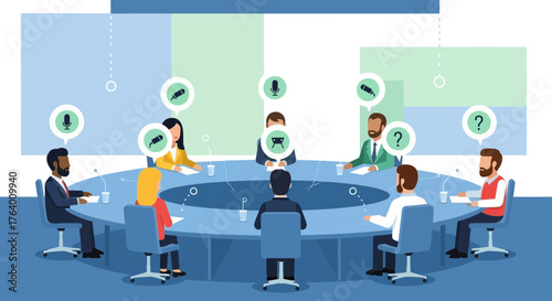 Business meeting illustration with people around a table discussing and brainstorming ideas