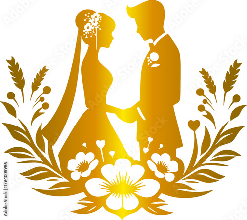 Vector wedding silhouette, man and woman image, gold texture