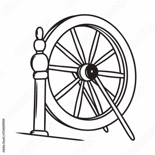 Simple continuous line drawing of a wooden spinning wheel  