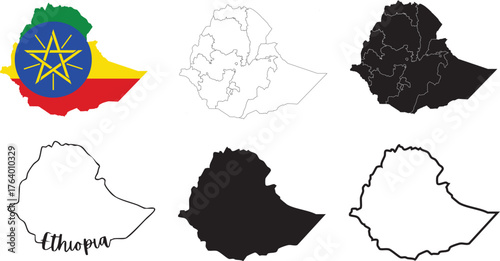 Ethiopia Map Set Bundle -Outlines, Silhouettes, and Flag Fill