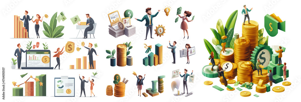 Fototapeta premium Business Growth Concepts with Charts, People, and Financial Symbols Isolated Transparent Background