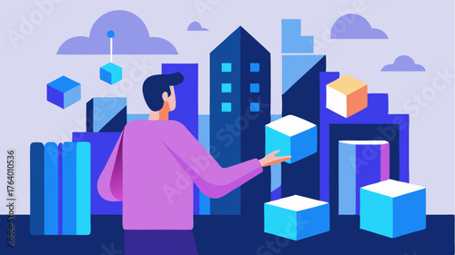 A user interacts with a 3D virtual toolkit manipulating abstract shapes that represent project tasks set against a vibrant digital city skyline.