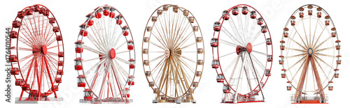 Colorful Ferris Wheels Displaying Vintage Style and Modern Design, PNG bundle collection, Isolated on Transparent Background