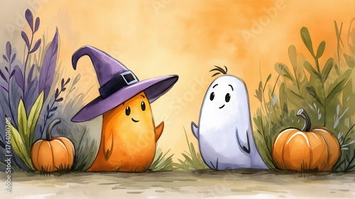 Cute ghosts and orange blob character in witch hat with pumpkins in cartoon Halloween banner with copy space