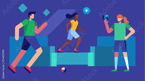 A sports simulation scenario where players actively participate in a virtual game sweating and showing athleticism emphasizing physical engagement.