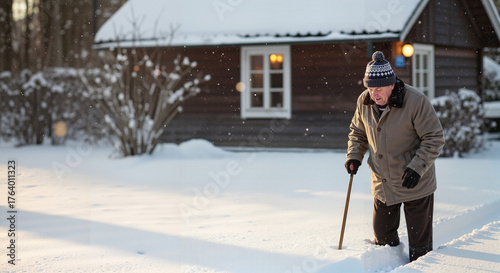 Senior man with a walking stick trudging through deep snow in winter. Elderly person outdoors in cold weather near a rural house with copy space