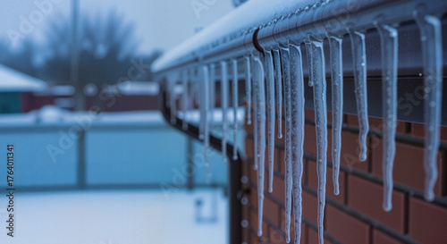 Close-up of icicles hanging from a roof gutter in winter. Frozen water on a brick house exterior during cold, freezing weather
