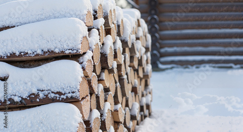 A large stack of firewood covered in fresh snow. Close-up of wooden logs for winter heating with a rustic log cabin background