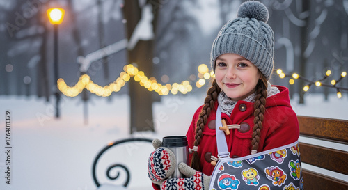 Smiling girl with a broken arm in a sling sits on a bench in a snowy winter park. Child in a red coat holds a thermos with festive bokeh lights in the background. Positive injury recovery concept