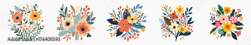 Colorful floral bouquet illustrations, element vector set