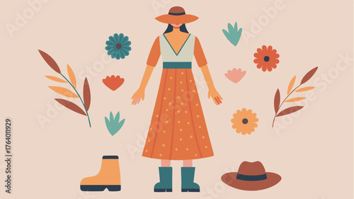 A bohemianinspired look featuring a maxi dress with floral patterns layered accessories and ankle boots surrounded by whimsical nature elements.