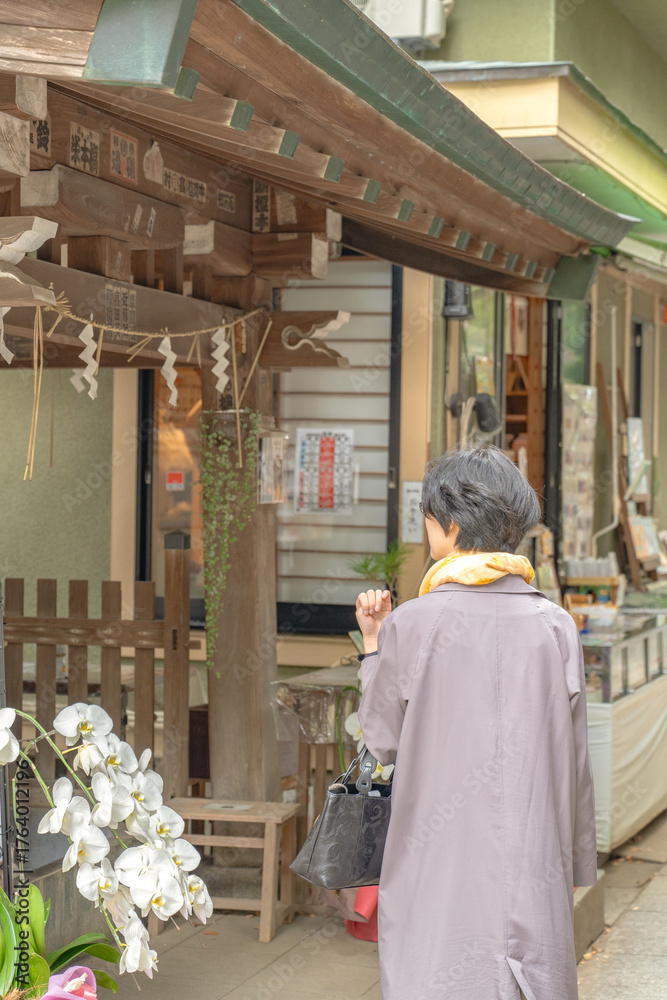 Fototapeta premium 小さな祠に手を合わせる女性の後ろ姿