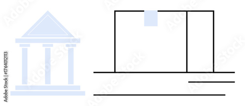 Pillared courthouse beside abstract file organization system. Ideal for law, justice, governance, document management, structure, organization, authority. Minimal clean design for a simple flat