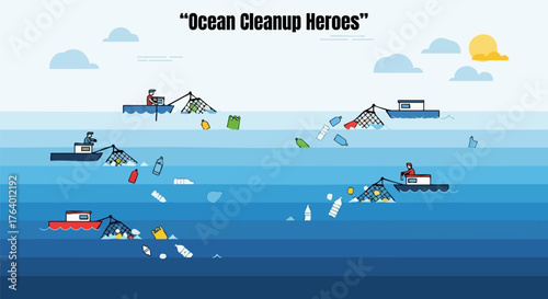 Boats cleaning up plastic waste from the ocean to protect marine life ecology