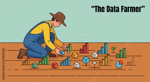 Data farmer tending to his crop of charts and graphs in a conceptual illustration