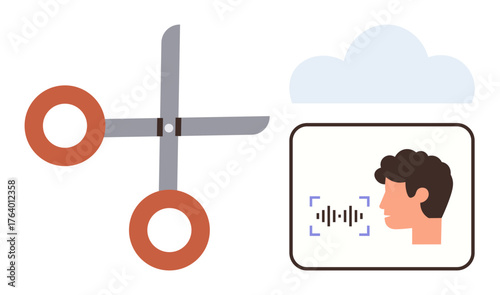 Scissors cutting cloud, symbolizing data separation, and a voice recognition panel. Ideal for data privacy, cloud storage, cybersecurity, machine learning, voice tech AI and technology. Simple flat