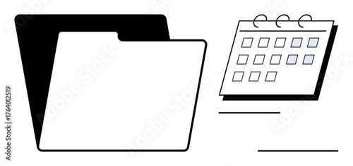 Open file folder next to a calendar with marked days, symbolizing task management, planning, and organization. Ideal for productivity, time management, workflow, planning, scheduling recordkeeping