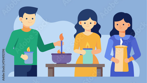 A family at a station learning to make homemade candles with melted wax and essential oils wafting in the air.