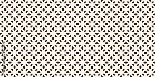 Simple minimal black and white background. Vector geometric seamless pattern with small diamond shapes, gems, flowers. Abstract monochrome repeated texture. Elegant minimalist design for print, decor
