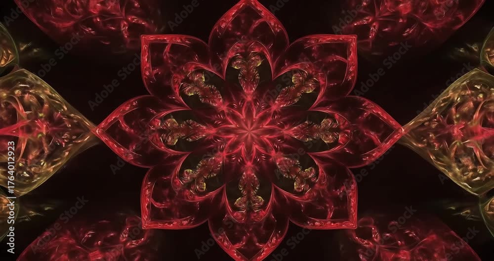 glowing red and gold symmetrical kaleidoscopic pattern resembling an intricate flower or mandala.