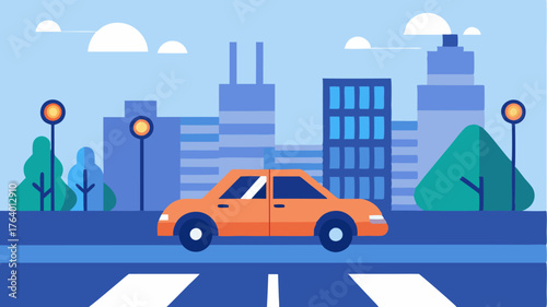 A concept design of a selfdriving car navigating through a smart city filled with digital traffic signals and pedestrian crossings.