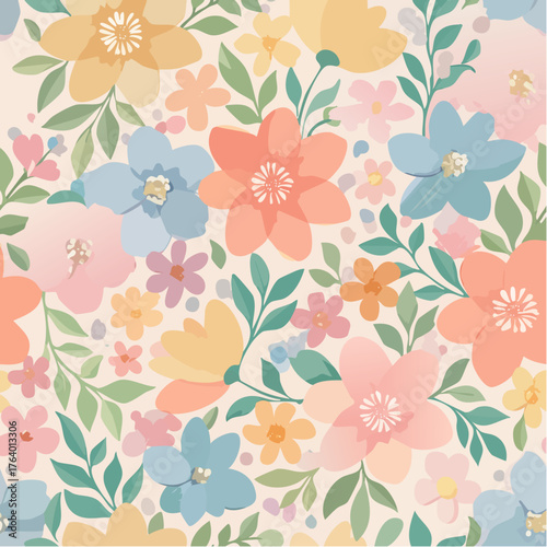  Elegant seamless vector pattern of hand-drawn flowers and leaves in soft pastel colors, idea 