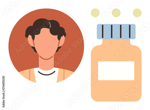 Person with curly hair beside amber medicine bottle with label and pills. Ideal for health, medication, wellness, pharmaceuticals, treatment, medical advice, simple flat metaphor