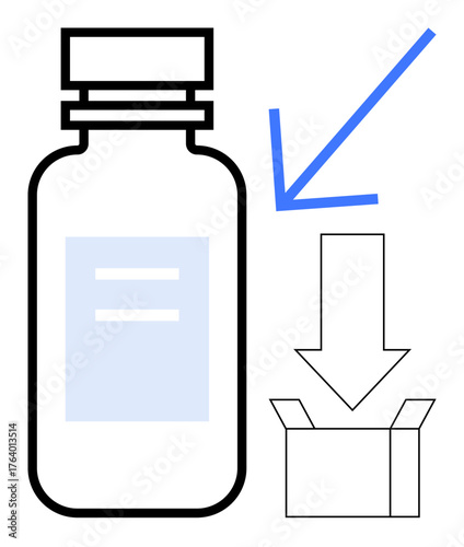 Medicine bottle beside blue arrow pointing toward open box, symbolizing healthcare, logistics, shipments, distribution. Ideal for delivery, storage, healthcare, medicine pharmacy supply chain