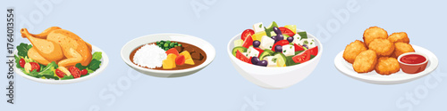 Illustration of various dishes: roast chicken, curry, salad, and nuggets with sauce, vector set