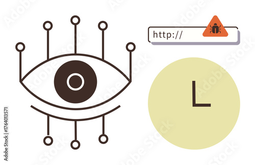 Eye surrounded by nodes, malware alert icon in web address bar, clock symbol. Ideal for cybersecurity, privacy, hacking, malware detection, time management vigilance surveillance. Simple flat