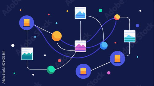 Stylized infographics emerge with animated transitions displaying data connections in a weblike structure intertwined with glowing pathways.