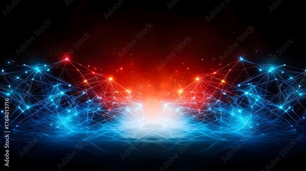 Obraz premium This image displays an abstract design with blue and red lights connected by thin lines against a dark background, evoking a modern, technological feel.