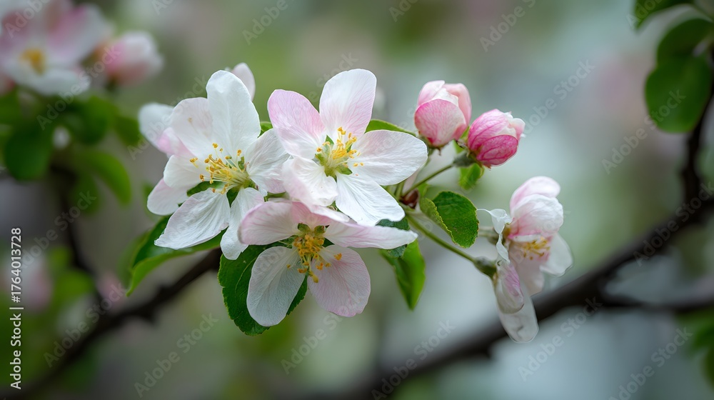Obraz premium Delicate pale pink and white blossoms adorn a tree branch during springtime
