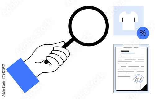 Hand holding magnifying glass close to a document with written details, shirt icon, and discount sign. Ideal for business, retail, contracts, sales, auditing analysis and transparency. Simple flat