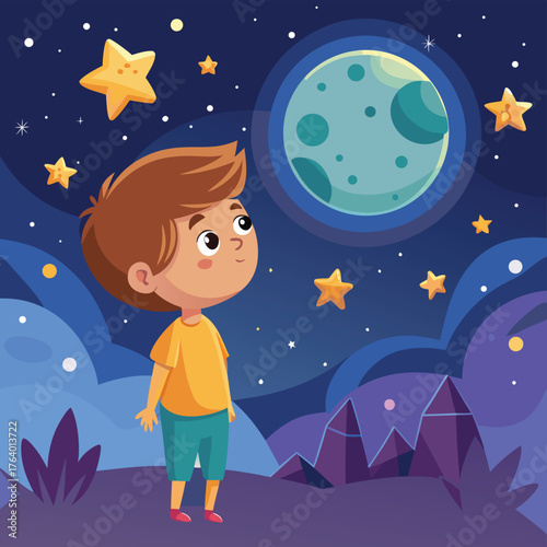 Stargazing Boy looking up at the moon and stars in the night