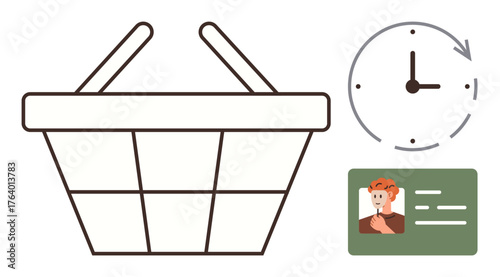 Empty basket with handles, clock with arrow indicating time, and ID card featuring a person. Ideal for shopping, time management, identity verification, retail, planning, transactions simple flat