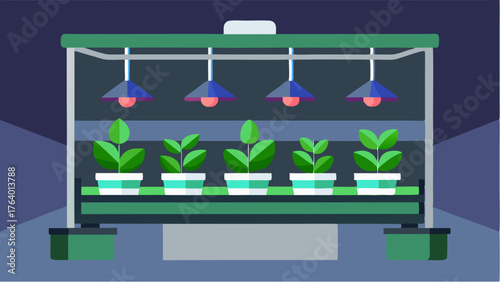 An indoor vertical farming setup featuring LED grow lights that adjust automatically based on the ambient light detected by smart sensors.